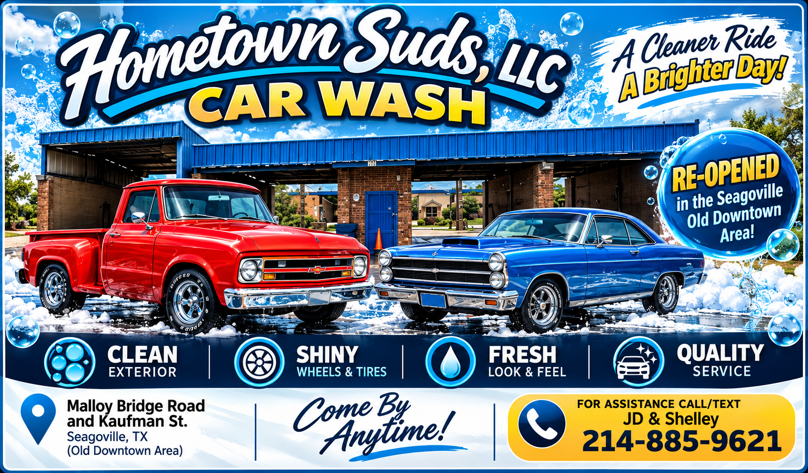Home Town Suds reopening announcement with location and contact details
