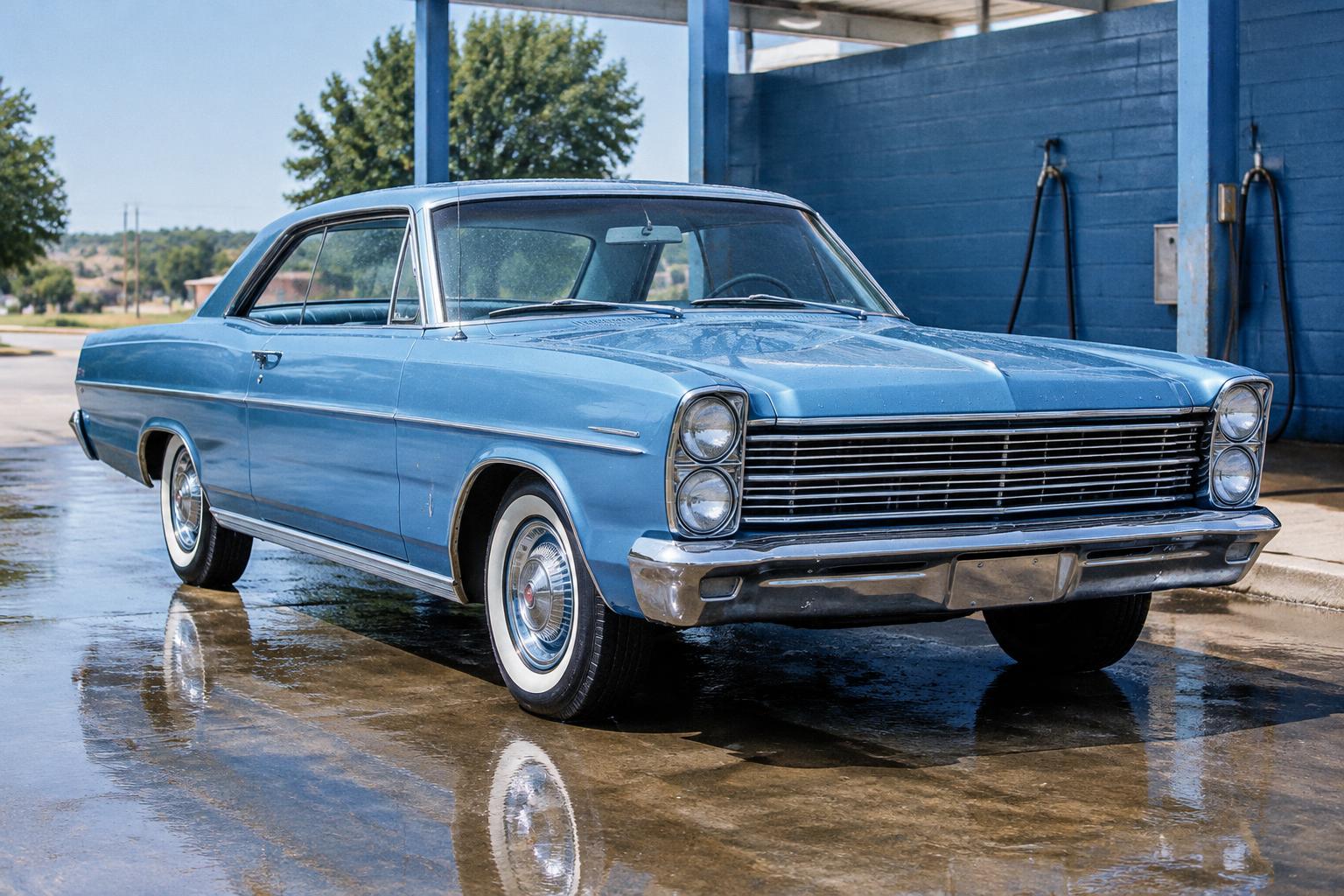 Illustrative freshly washed blue 1960s coupe with whitewall tires
