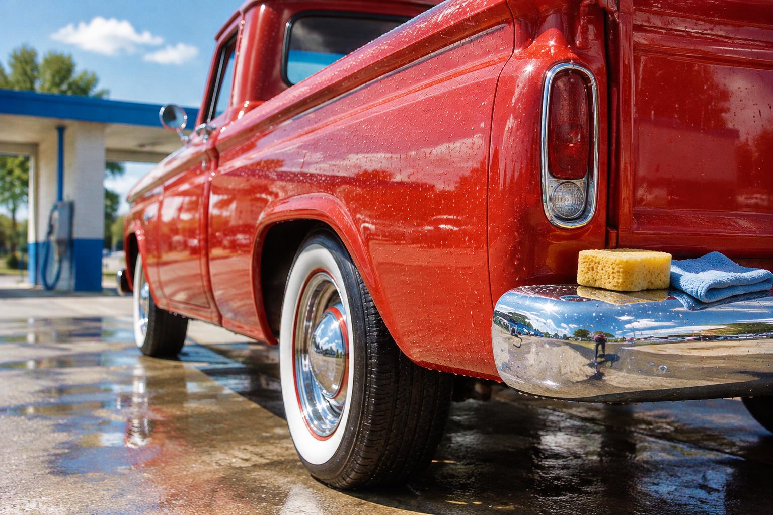 Illustrative red classic pickup with gleaming chrome, a sponge and blue cloth