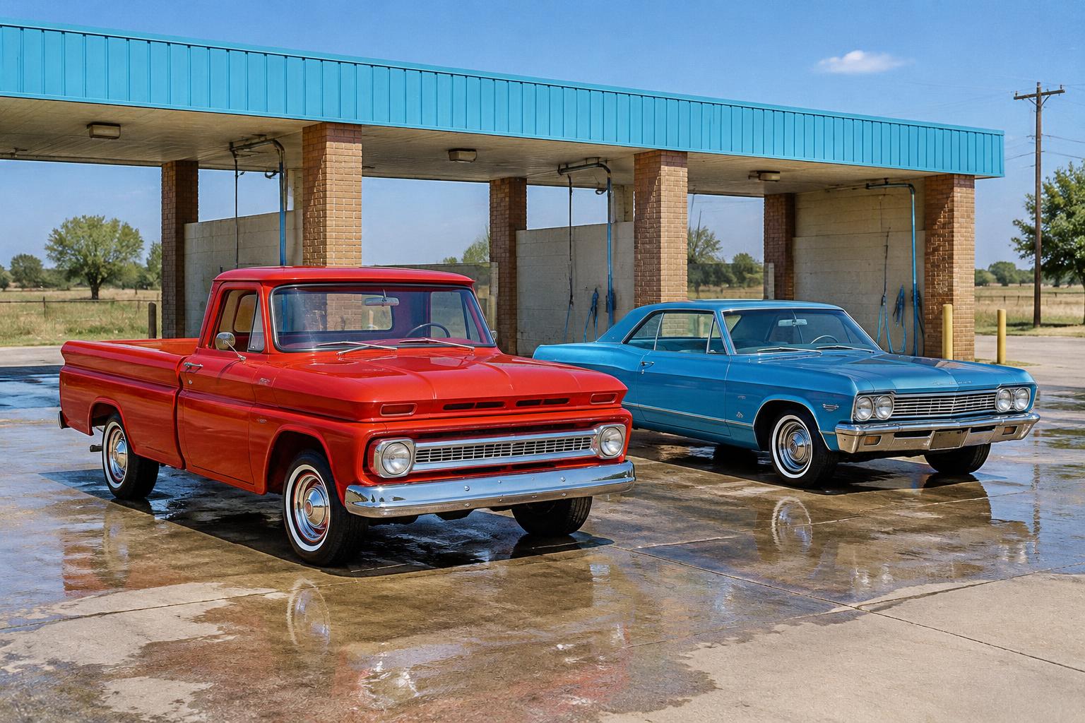 Vintage-inspired illustration of a red pickup and blue coupe at a roadside car wash